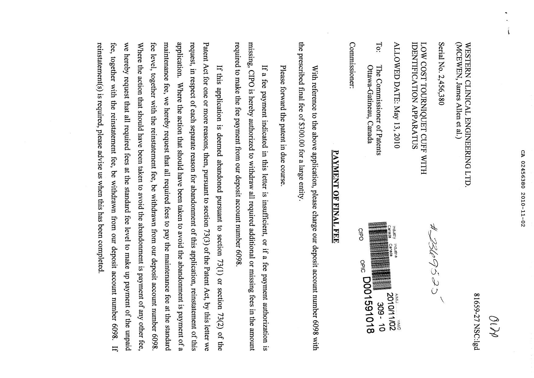 Canadian Patent Document 2456380. Correspondence 20101102. Image 1 of 2
