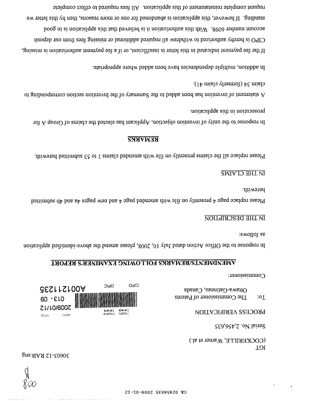 Canadian Patent Document 2456635. Prosecution-Amendment 20081212. Image 1 of 16