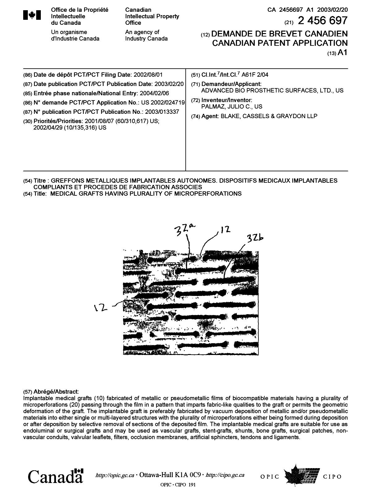 Document de brevet canadien 2456697. Page couverture 20040330. Image 1 de 1