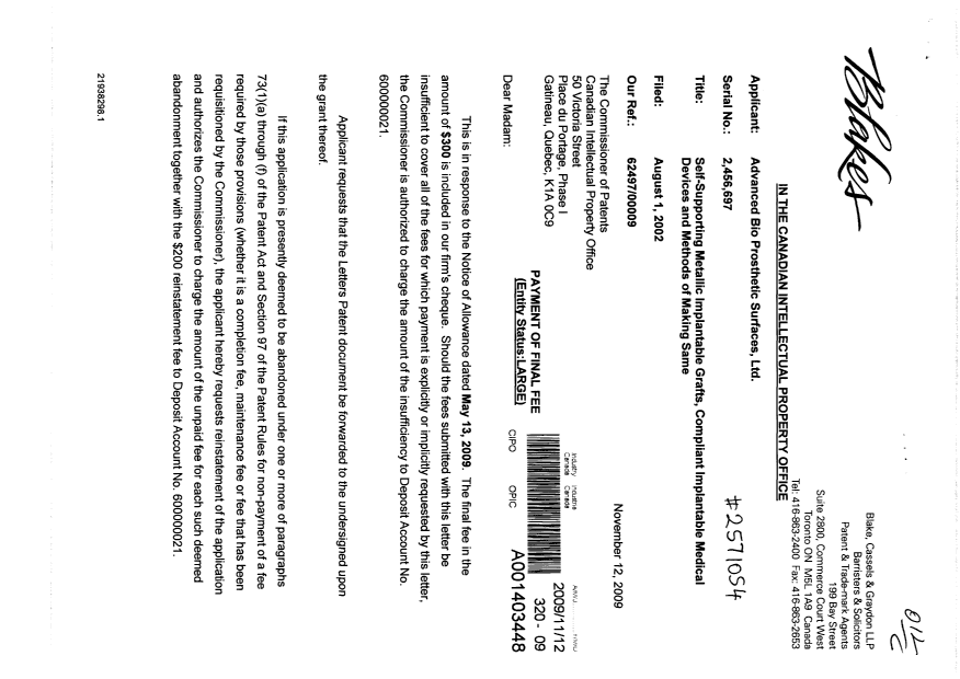 Document de brevet canadien 2456697. Correspondance 20091112. Image 1 de 2