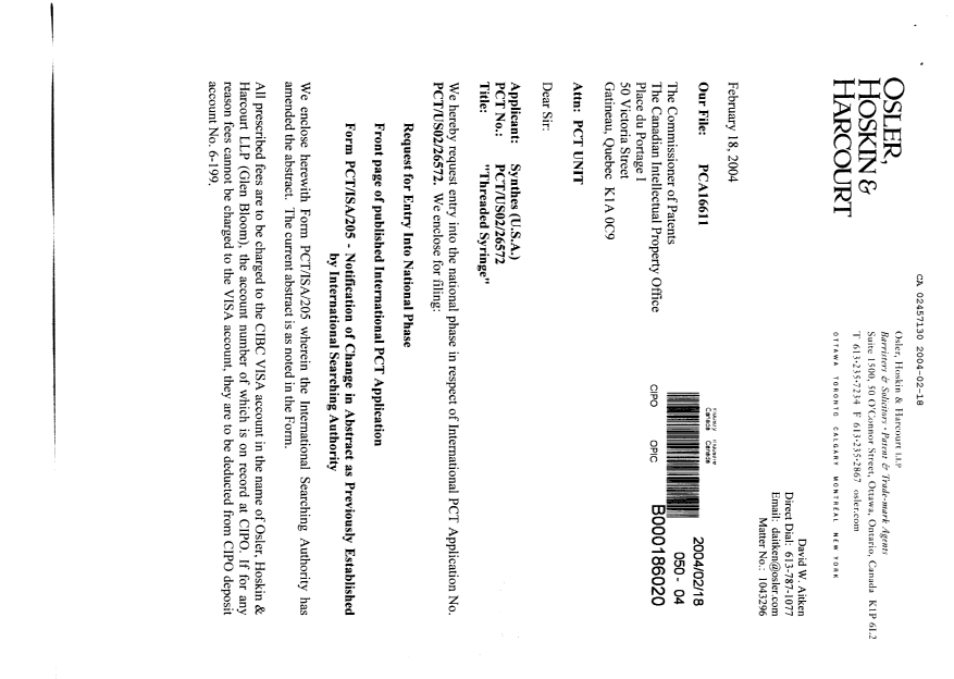 Document de brevet canadien 2457130. Cession 20040218. Image 1 de 3
