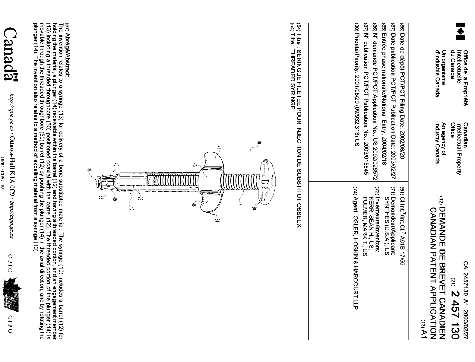 Canadian Patent Document 2457130. Cover Page 20040419. Image 1 of 1