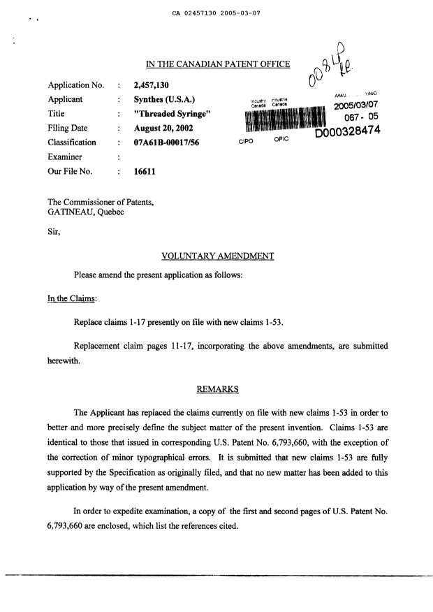 Document de brevet canadien 2457130. Poursuite-Amendment 20050307. Image 1 de 9