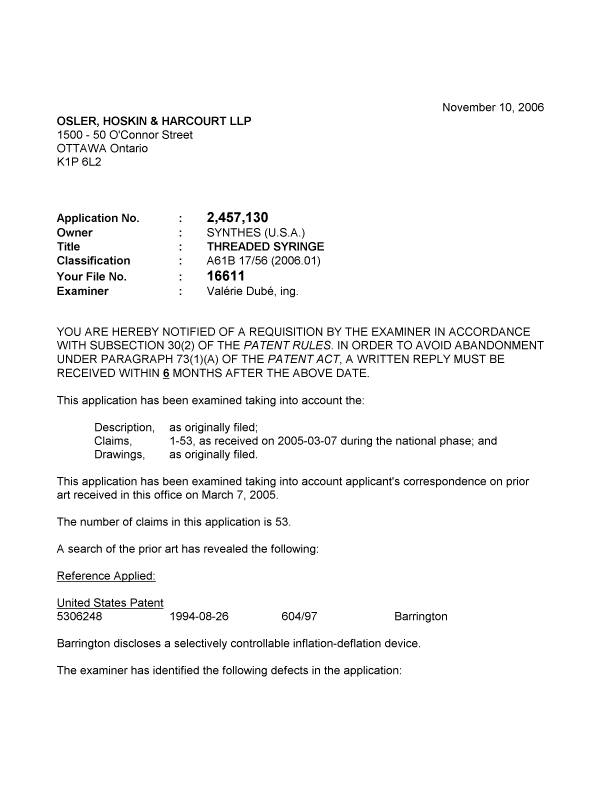 Document de brevet canadien 2457130. Poursuite-Amendment 20061110. Image 1 de 3