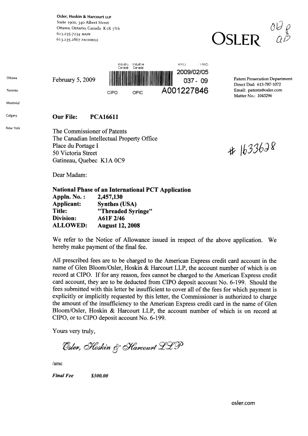 Document de brevet canadien 2457130. Correspondance 20090205. Image 1 de 1