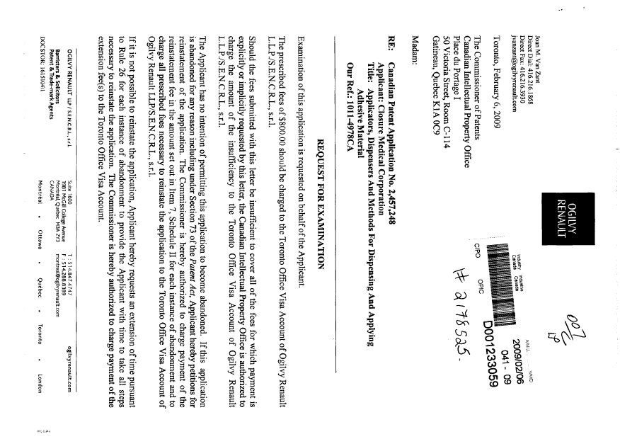 Document de brevet canadien 2457248. Poursuite-Amendment 20090206. Image 1 de 2