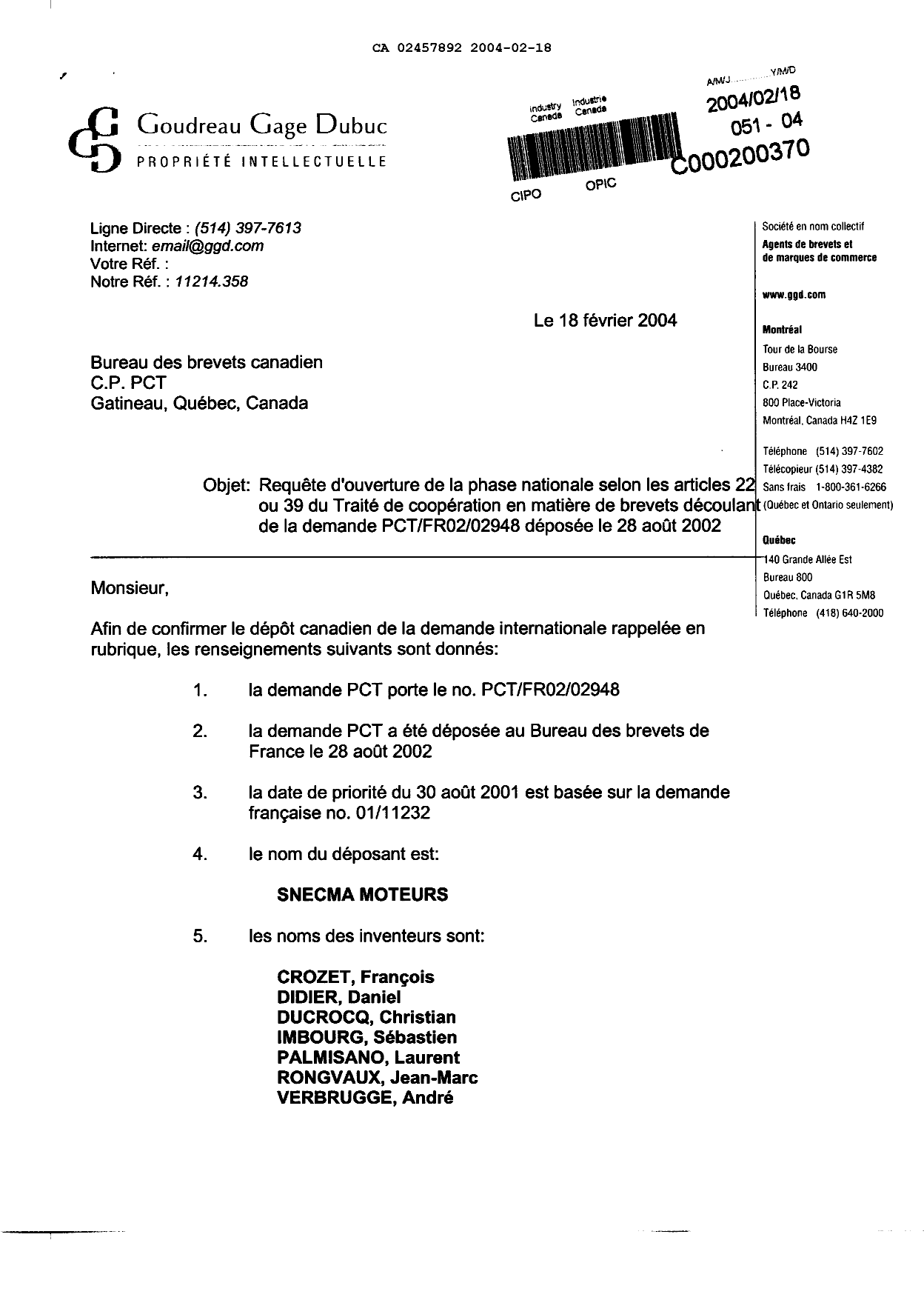 Document de brevet canadien 2457892. Cession 20040218. Image 1 de 5