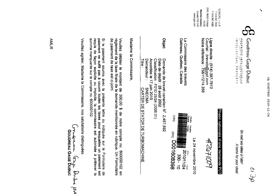 Document de brevet canadien 2457892. Correspondance 20101124. Image 1 de 1