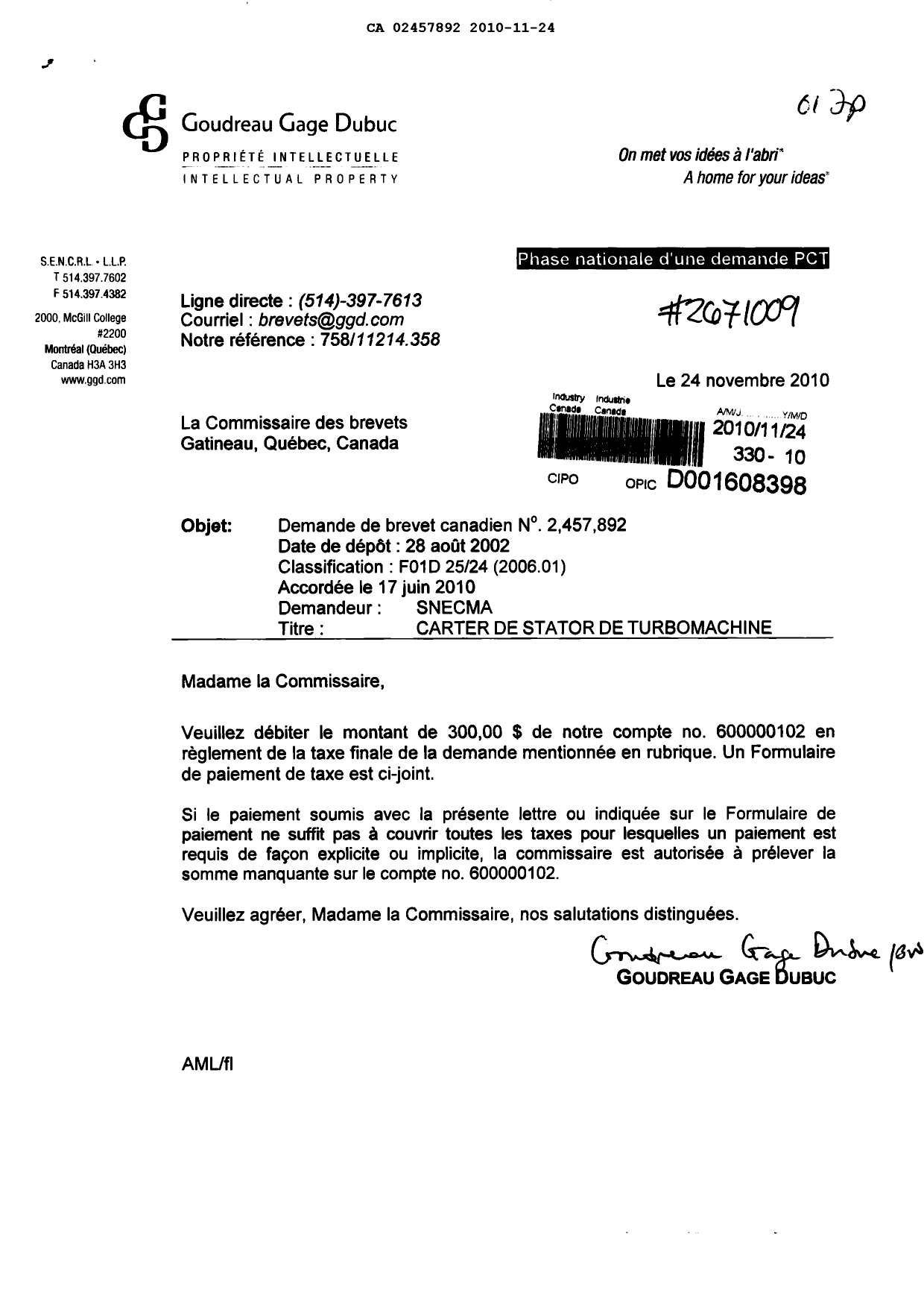 Document de brevet canadien 2457892. Correspondance 20101124. Image 1 de 1