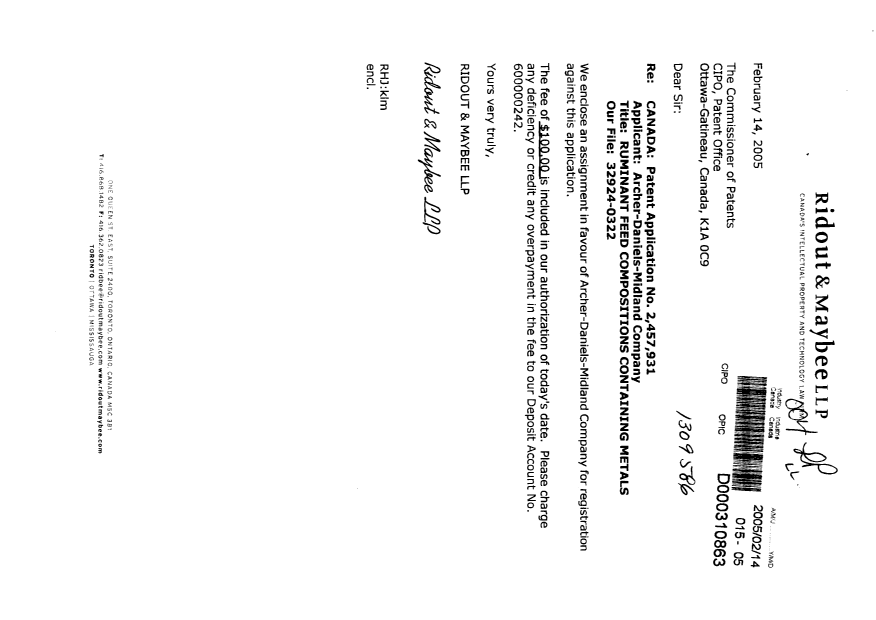 Document de brevet canadien 2457931. Cession 20050214. Image 1 de 12