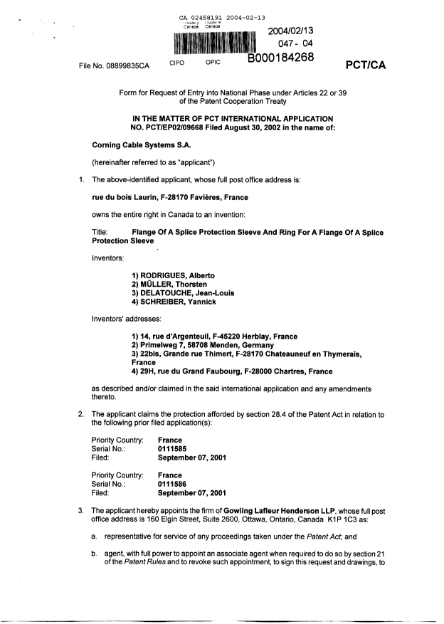 Document de brevet canadien 2458191. Cession 20040213. Image 2 de 3