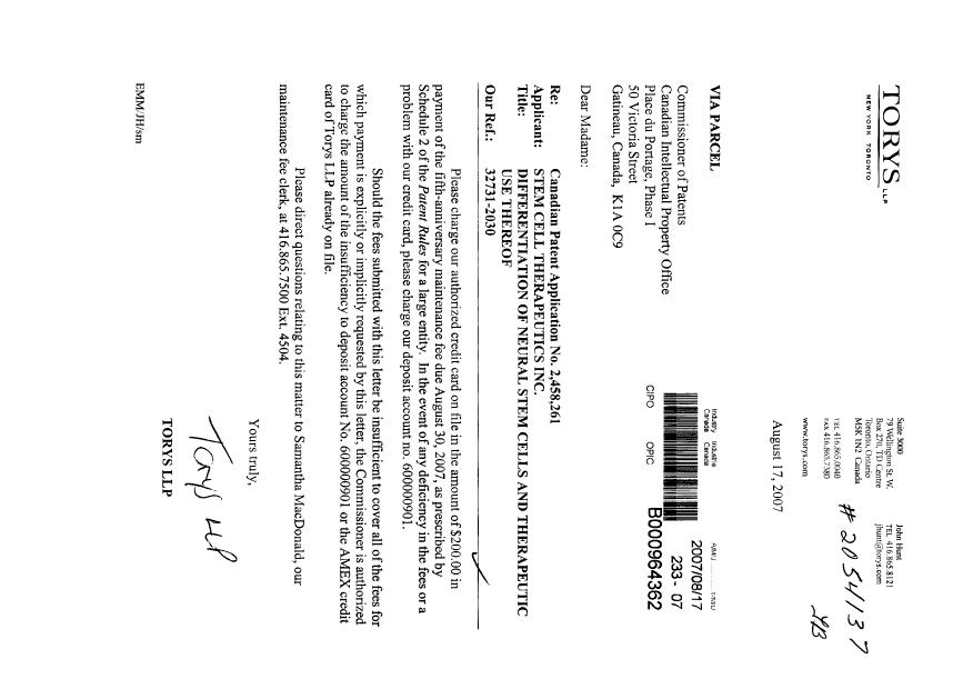 Document de brevet canadien 2458261. Taxes 20061217. Image 1 de 1