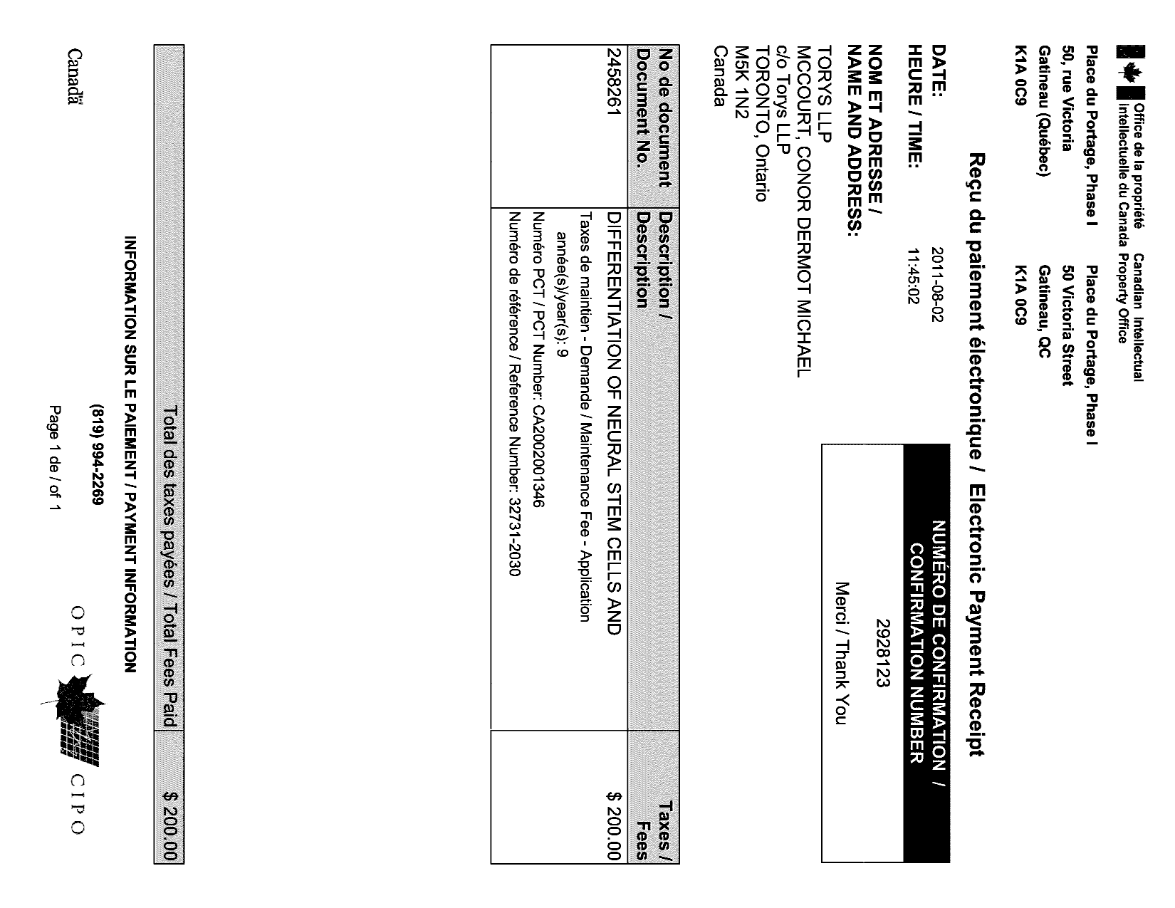 Document de brevet canadien 2458261. Taxes 20110802. Image 1 de 1