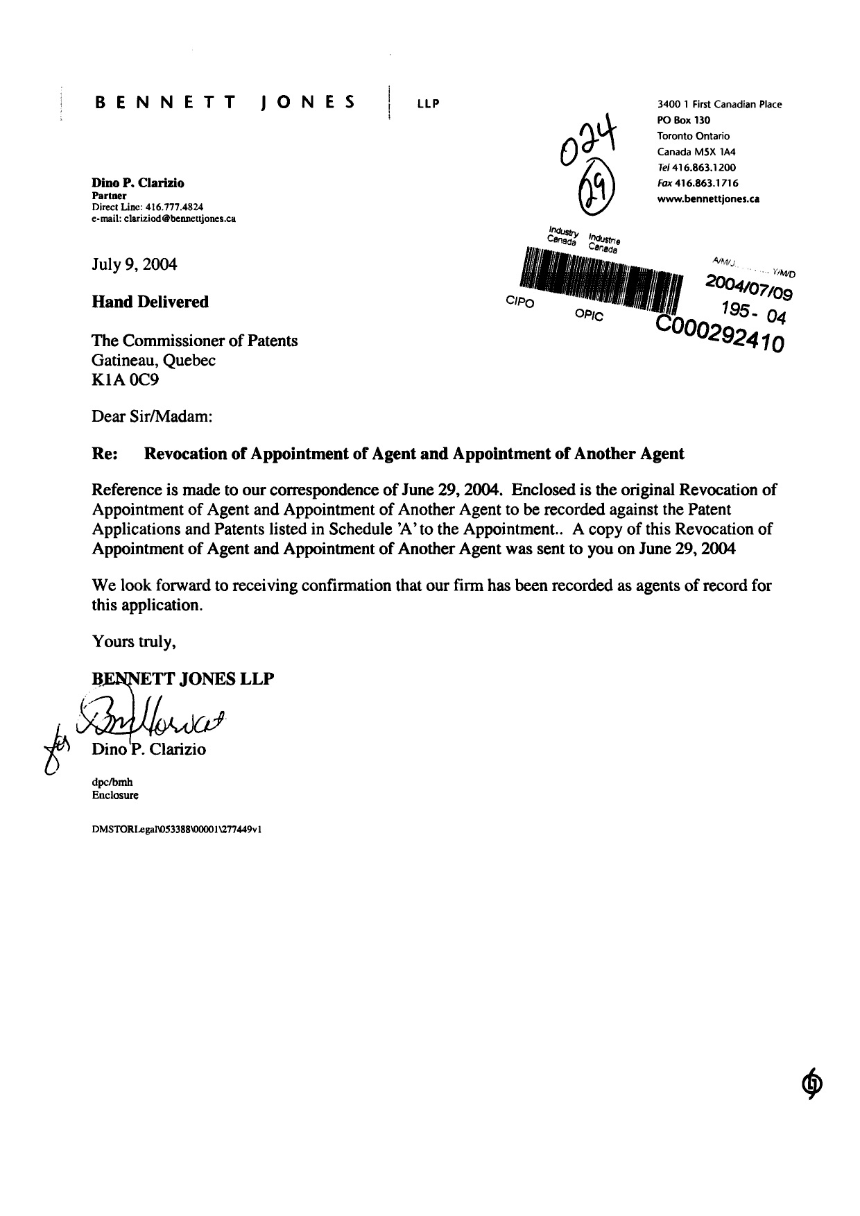 Document de brevet canadien 2458746. Correspondance 20040709. Image 1 de 4