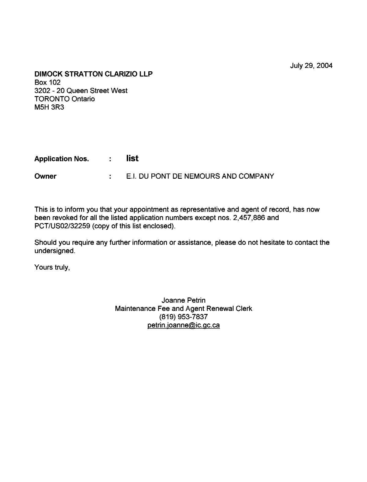 Document de brevet canadien 2458746. Correspondance 20040729. Image 1 de 1