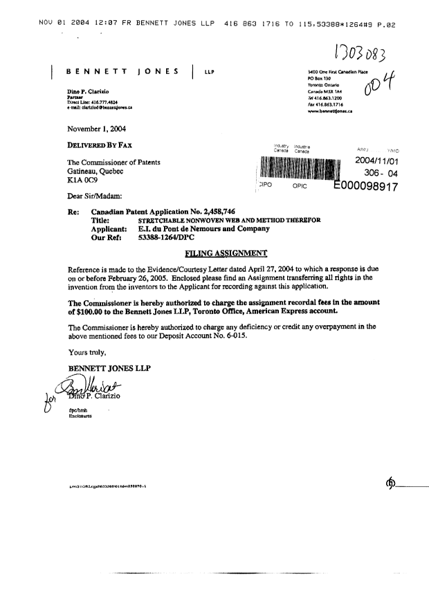 Canadian Patent Document 2458746. Assignment 20041101. Image 1 of 7
