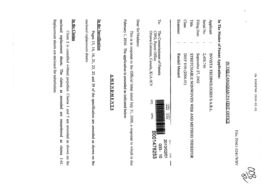 Document de brevet canadien 2458746. Poursuite-Amendment 20100201. Image 1 de 20