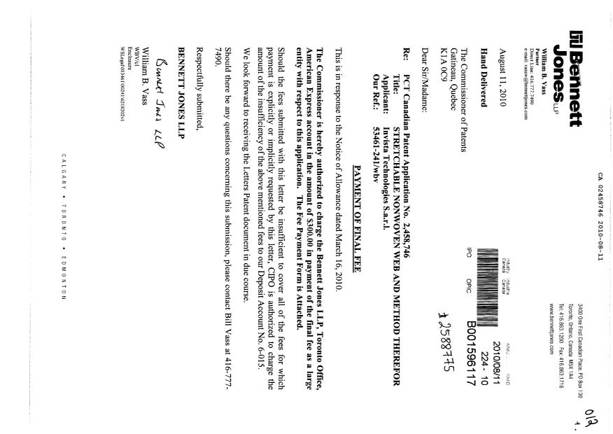 Document de brevet canadien 2458746. Correspondance 20100811. Image 1 de 1