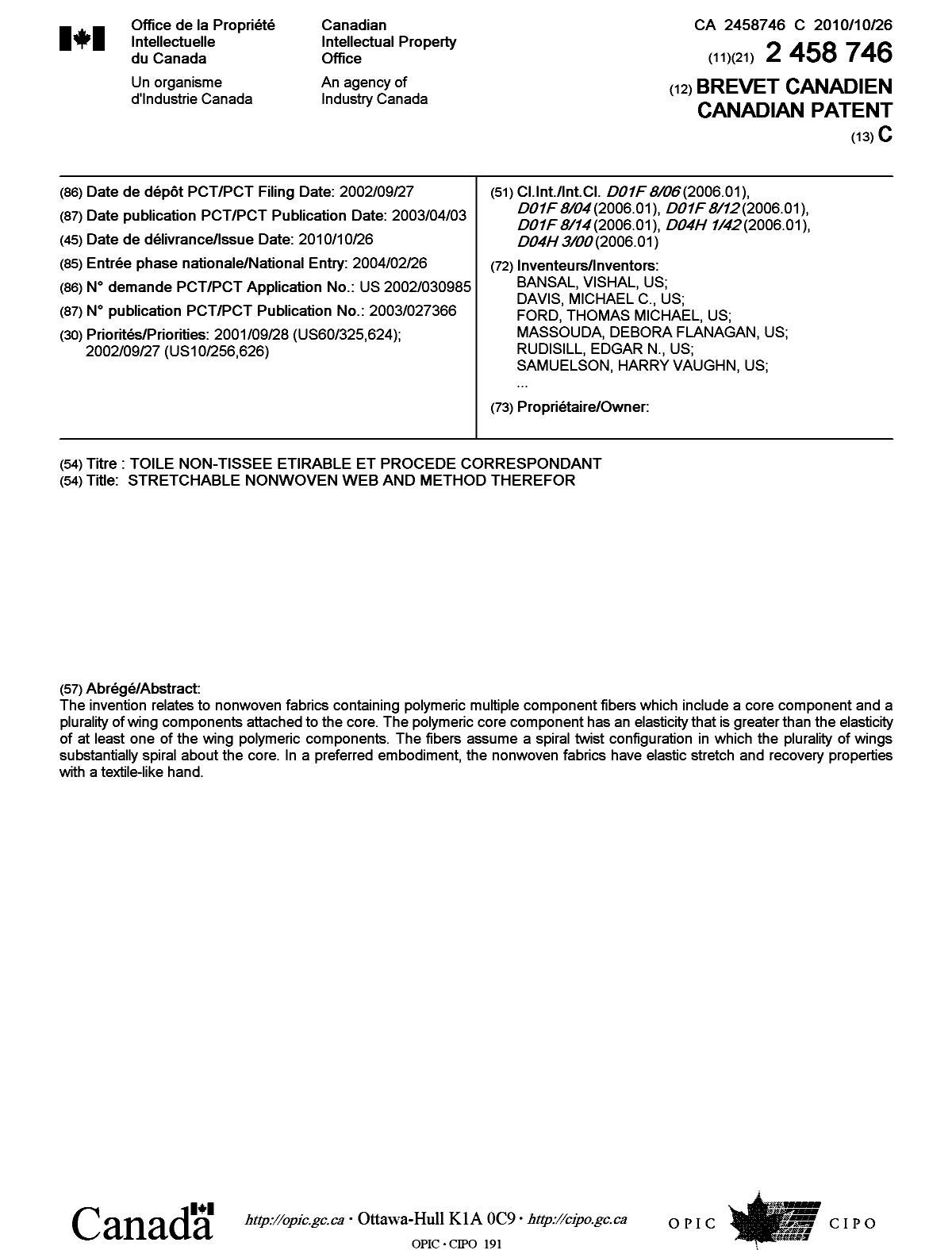 Document de brevet canadien 2458746. Page couverture 20101006. Image 1 de 2