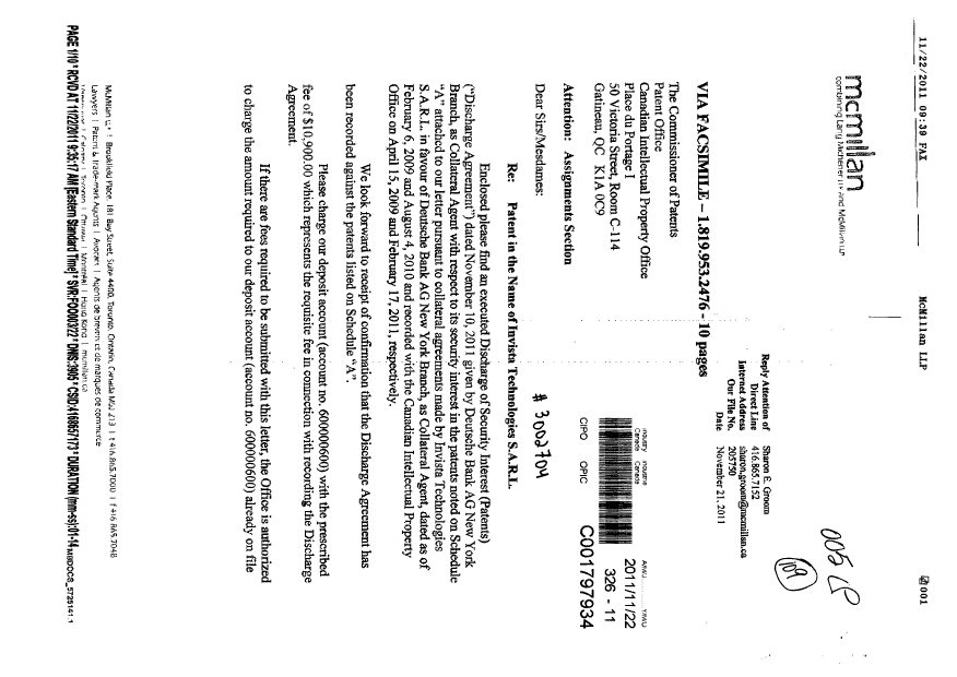 Document de brevet canadien 2458746. Cession 20111122. Image 1 de 10