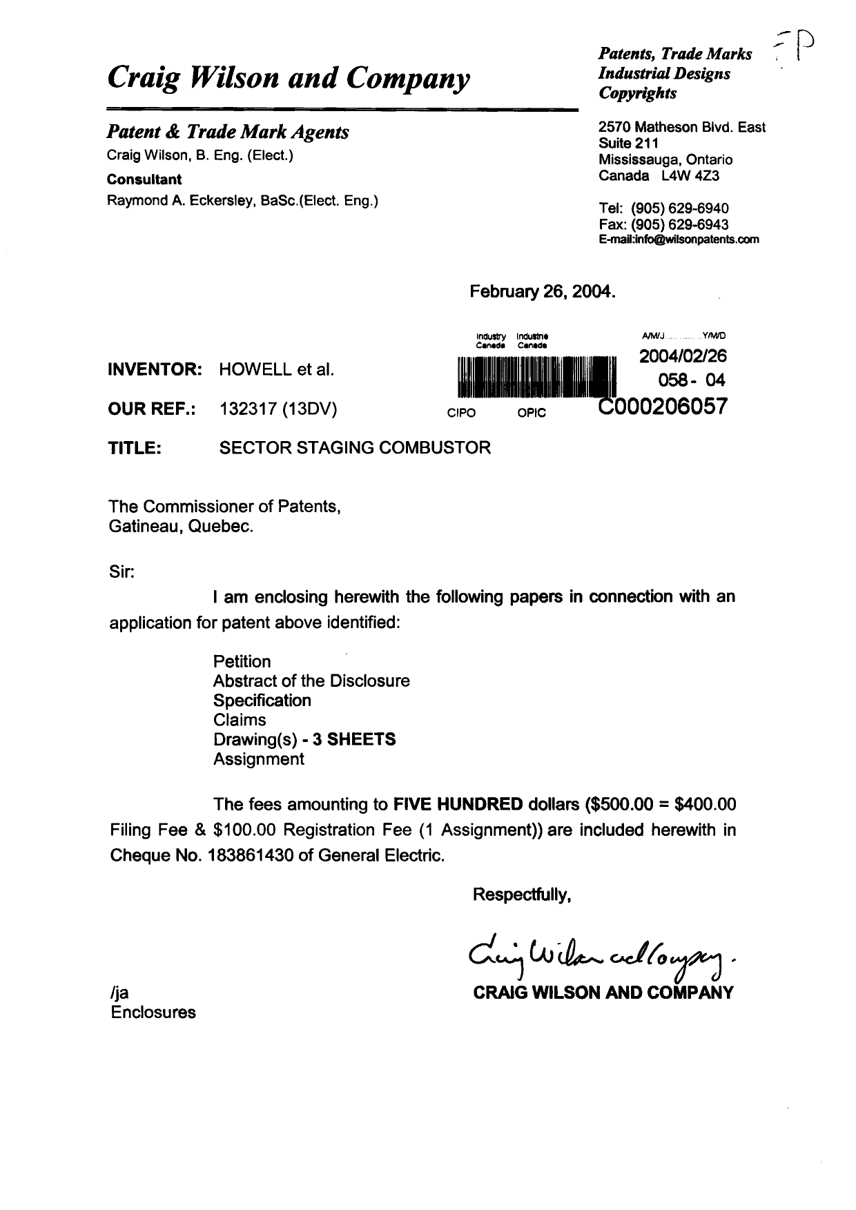 Document de brevet canadien 2459187. Cession 20040226. Image 1 de 4
