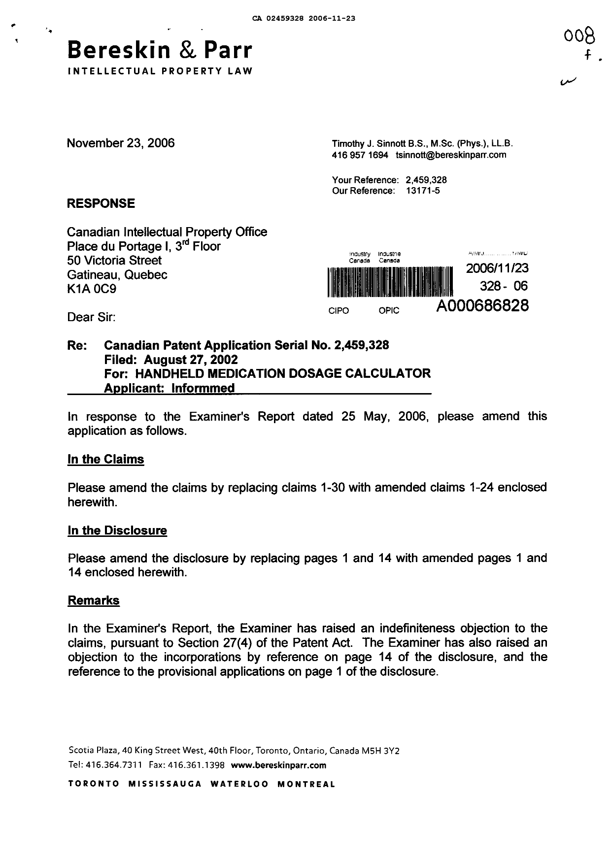 Document de brevet canadien 2459328. Poursuite-Amendment 20061123. Image 1 de 15