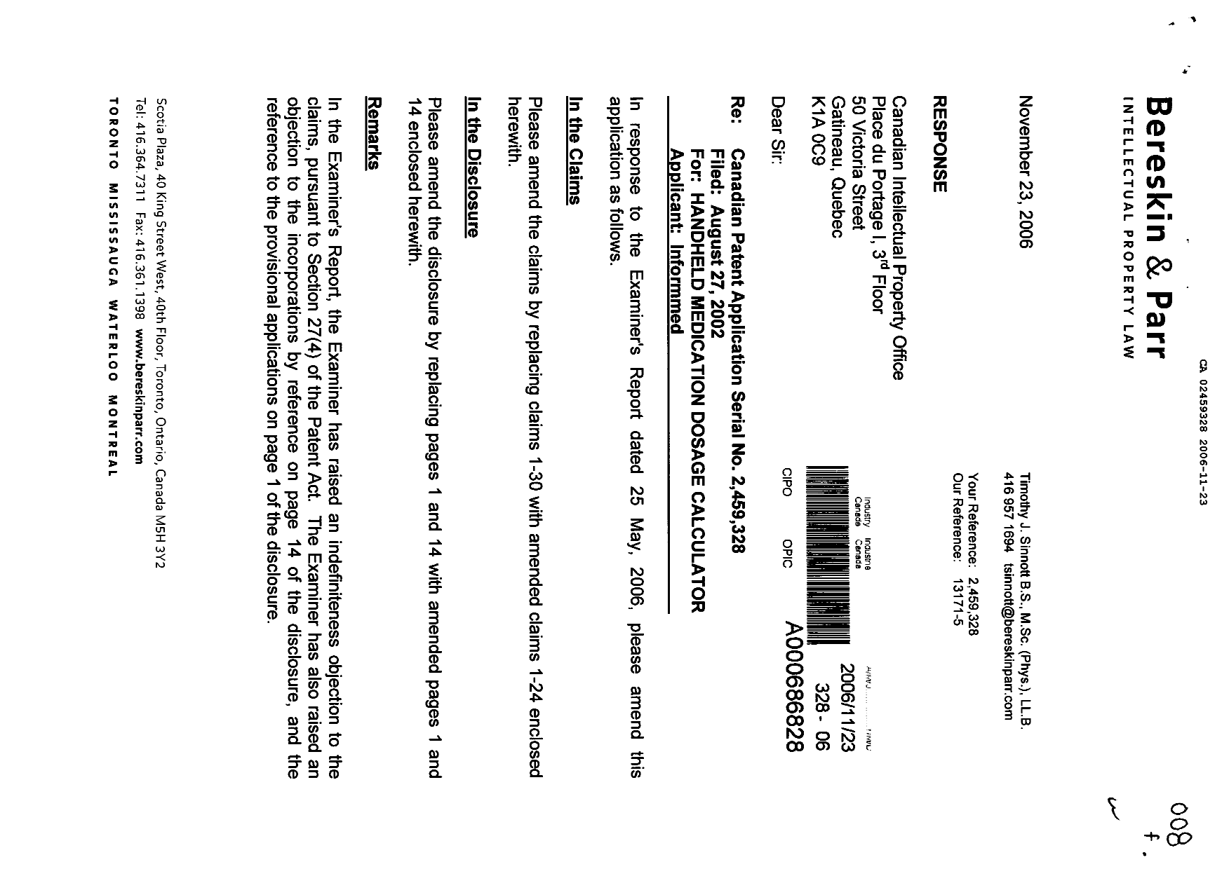 Canadian Patent Document 2459328. Prosecution-Amendment 20061123. Image 1 of 15