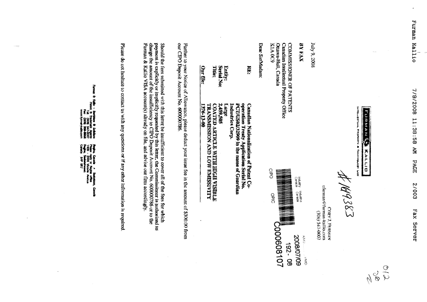Document de brevet canadien 2459505. Correspondance 20080709. Image 1 de 3