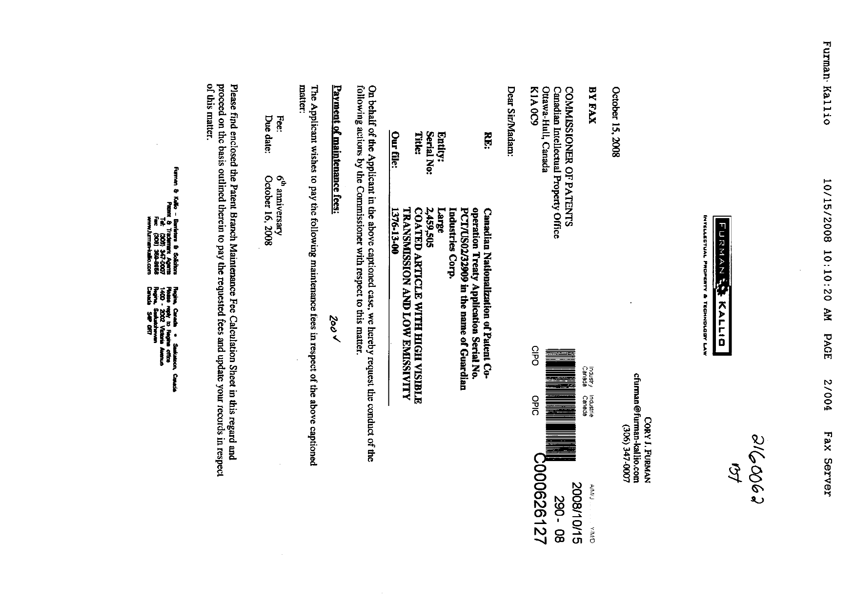 Canadian Patent Document 2459505. Fees 20081015. Image 1 of 4