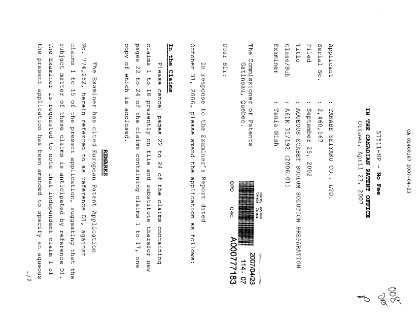 Document de brevet canadien 2460167. Poursuite-Amendment 20070423. Image 1 de 10