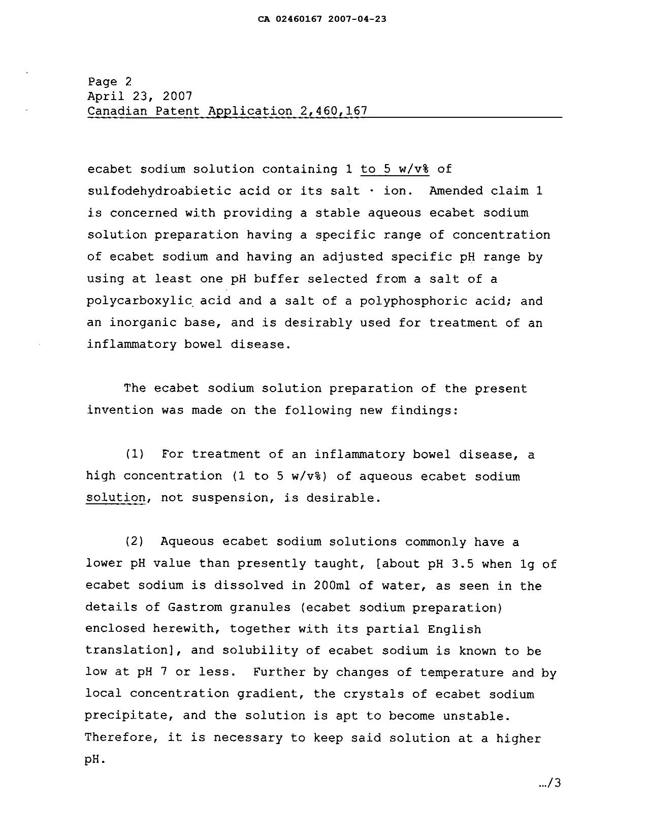 Canadian Patent Document 2460167. Prosecution-Amendment 20070423. Image 2 of 10