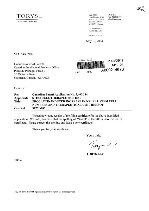 Canadian Patent Document 2460184. Correspondence 20040519. Image 1 of 1