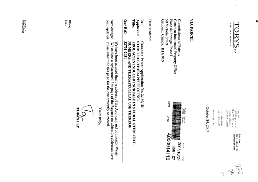Canadian Patent Document 2460184. Correspondence 20071024. Image 1 of 2