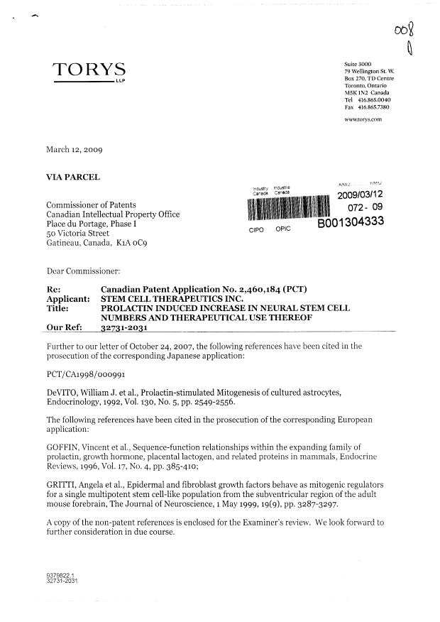 Canadian Patent Document 2460184. Prosecution-Amendment 20090312. Image 1 of 2