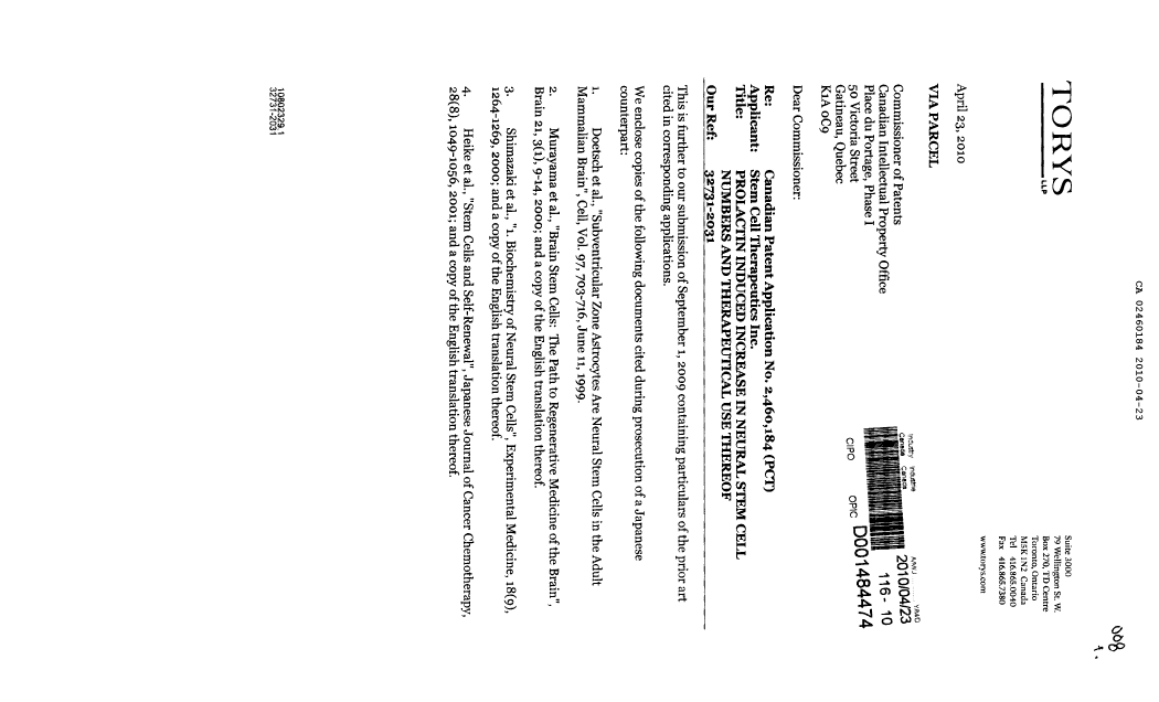 Canadian Patent Document 2460184. Prosecution-Amendment 20100423. Image 1 of 2