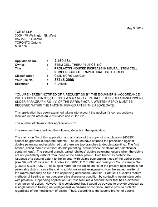 Canadian Patent Document 2460184. Prosecution-Amendment 20120503. Image 1 of 2
