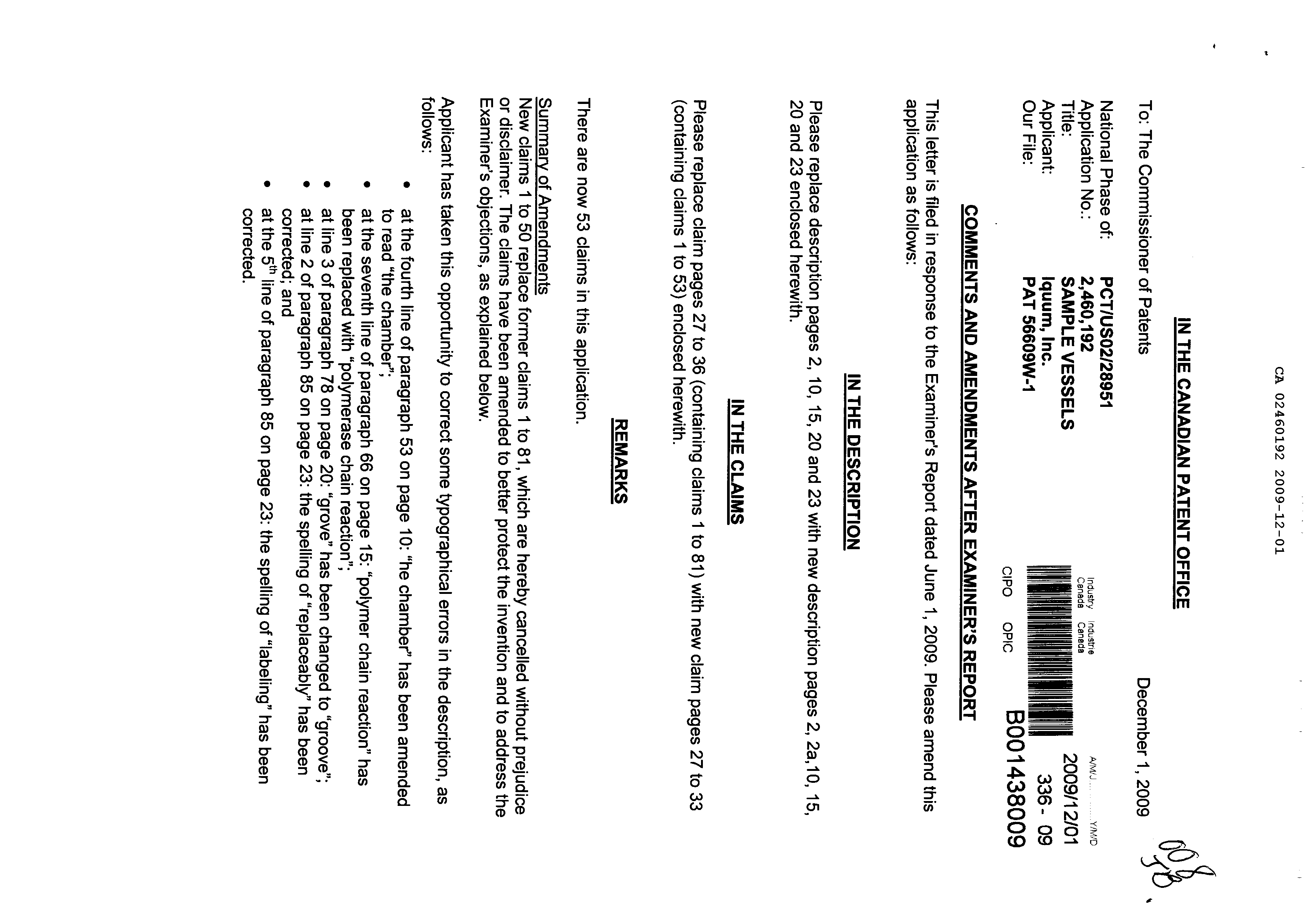Canadian Patent Document 2460192. Prosecution-Amendment 20081201. Image 1 of 16