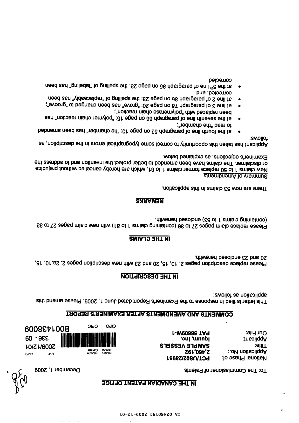 Document de brevet canadien 2460192. Poursuite-Amendment 20081201. Image 1 de 16