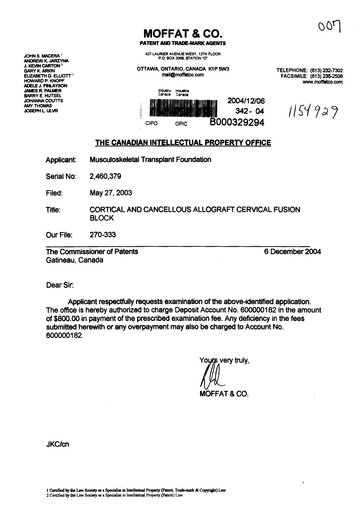 Document de brevet canadien 2460379. Poursuite-Amendment 20041206. Image 1 de 1