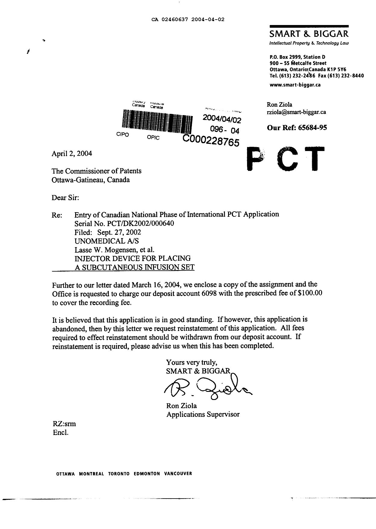 Document de brevet canadien 2460637. Cession 20040402. Image 1 de 2