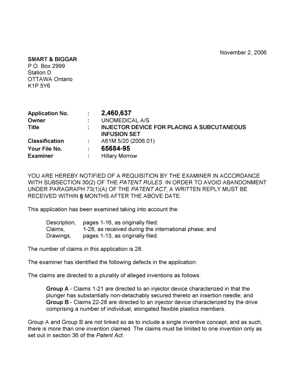Canadian Patent Document 2460637. Prosecution-Amendment 20061102. Image 1 of 3