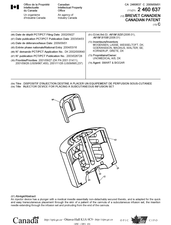 Canadian Patent Document 2460637. Cover Page 20090805. Image 1 of 1