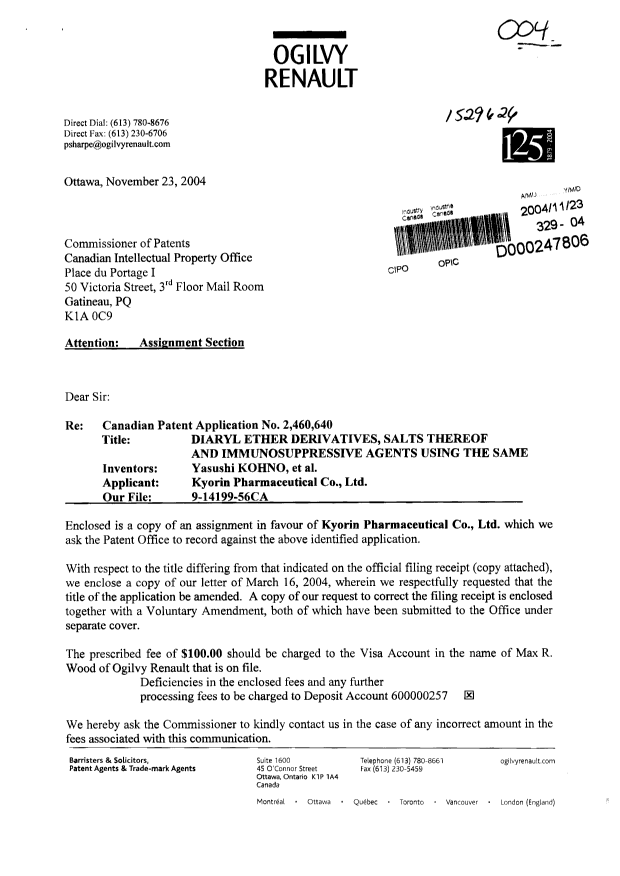 Document de brevet canadien 2460640. Cession 20041123. Image 1 de 9