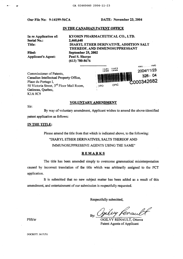 Canadian Patent Document 2460640. Prosecution-Amendment 20041123. Image 2 of 2
