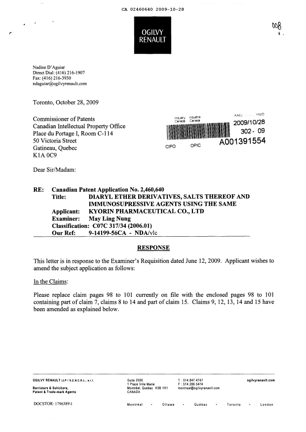 Canadian Patent Document 2460640. Prosecution-Amendment 20091028. Image 1 of 7