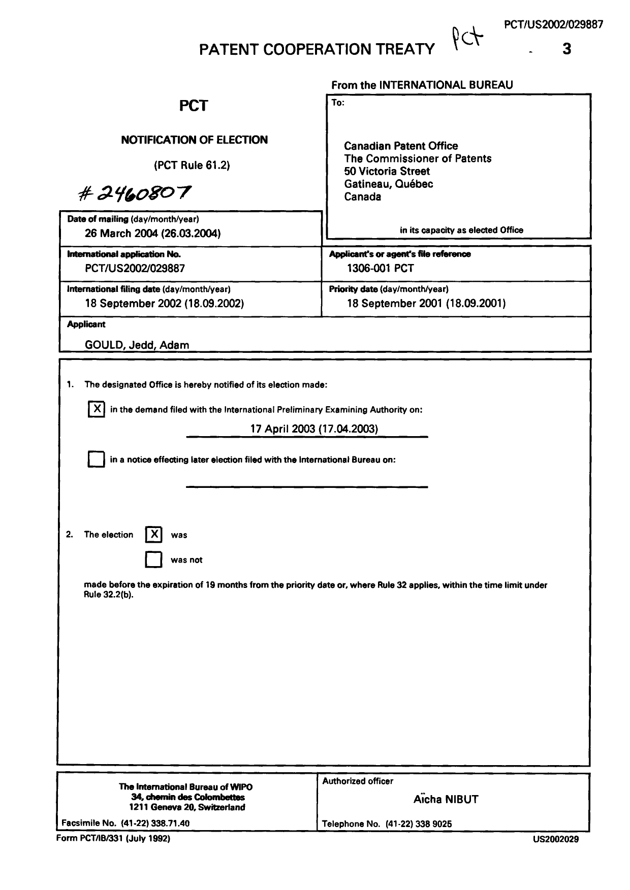 Document de brevet canadien 2460807. PCT 20040505. Image 1 de 1