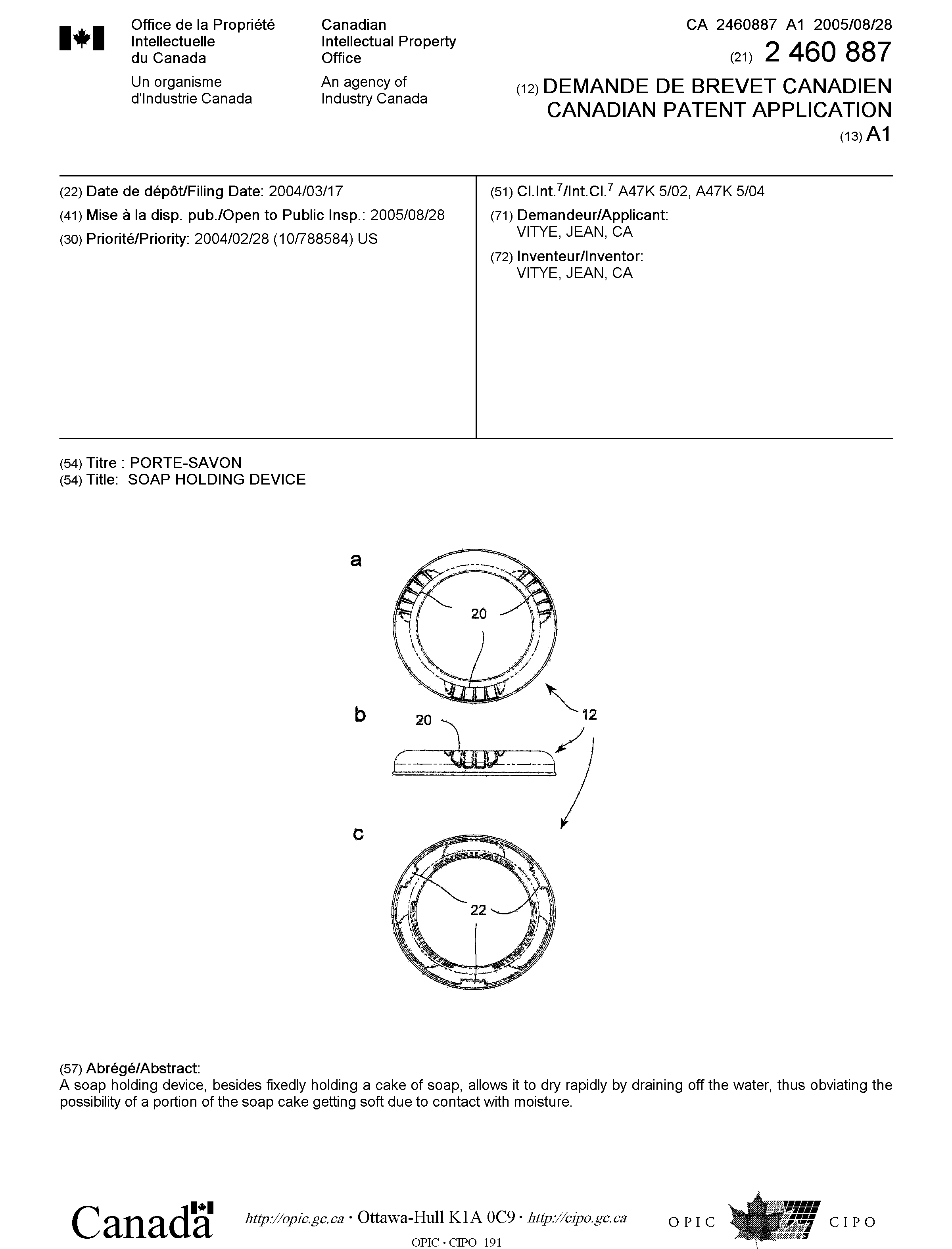 Canadian Patent Document 2460887. Cover Page 20041212. Image 1 of 1