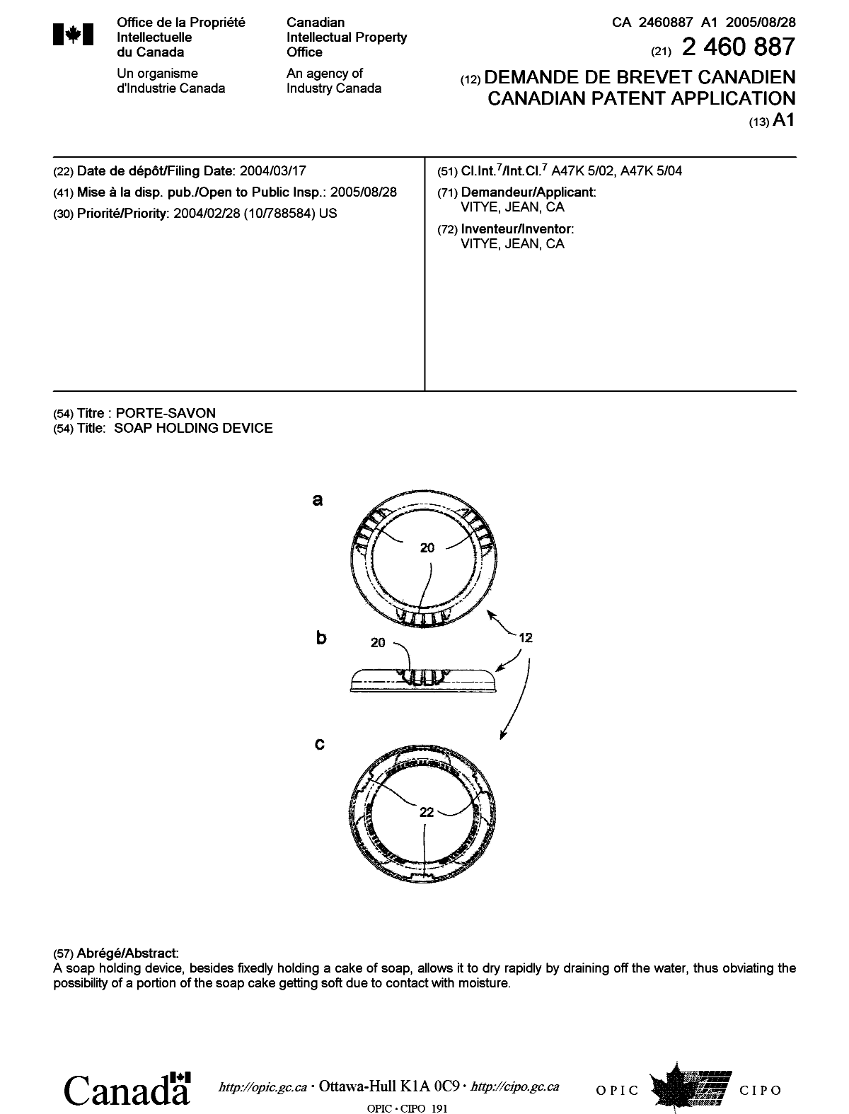 Document de brevet canadien 2460887. Page couverture 20050812. Image 1 de 1