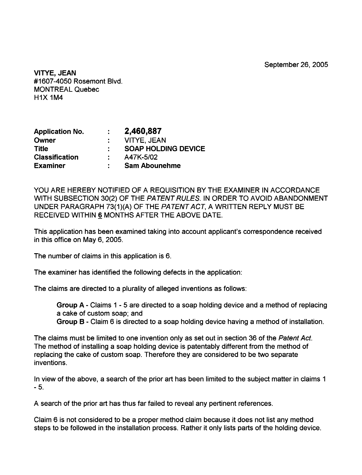 Document de brevet canadien 2460887. Poursuite-Amendment 20050926. Image 1 de 2
