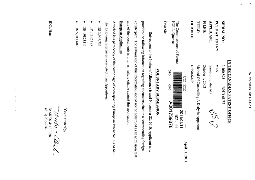 Document de brevet canadien 2460895. Poursuite-Amendment 20110411. Image 1 de 1